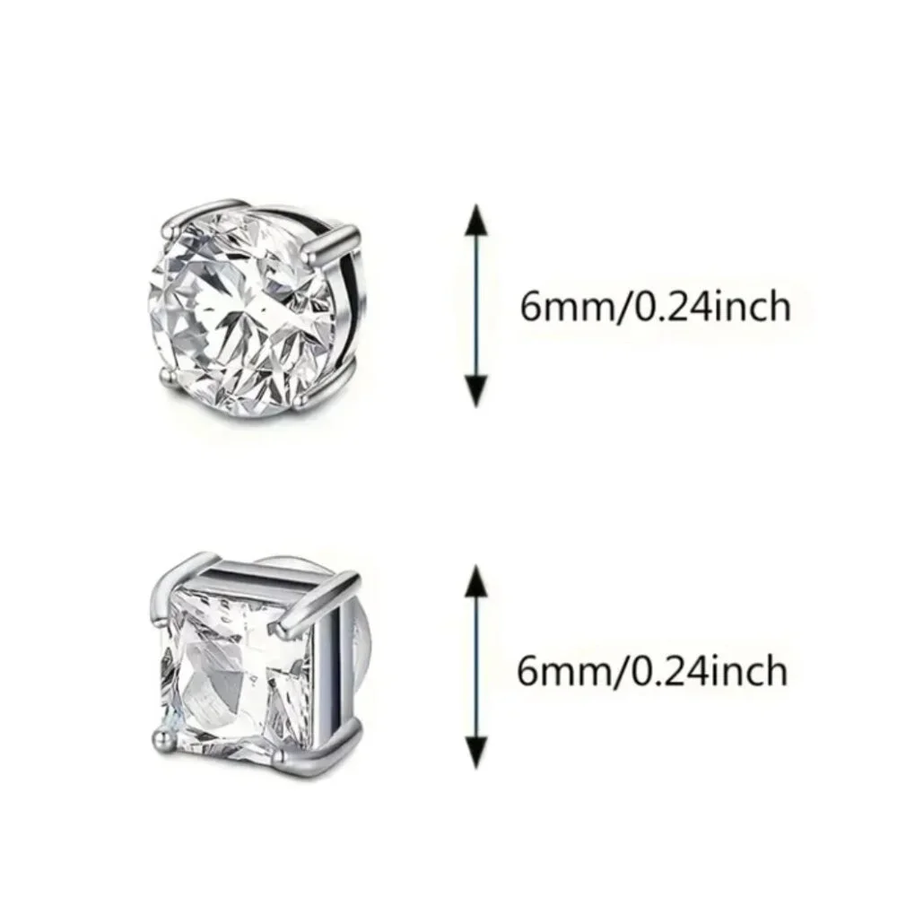 2 Pair 6MM - 4 Prong Stainless Steel & CZ Magnetic Non-Piercing Stud Earrings